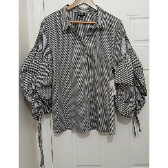 Ana womens 2xl puffer sleeve black white gingham plaid shirt top - Picture 1 of 8